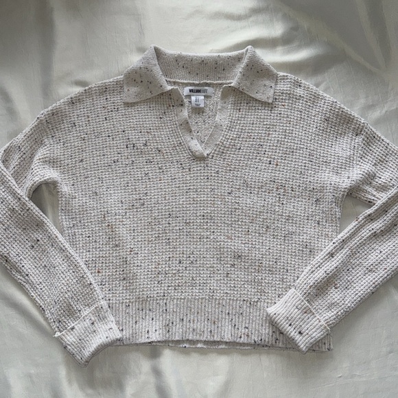 William Rast Cream Speckled Texture Sweater Split Collar Boxy Cotton Knit Sz S - Picture 8 of 12